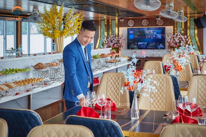 Cozy Bay Halong 5-Star Day Cruise, Buffet, Cave, Kayak, Swimming - Ti Top Island, beach time, and the viewpoint