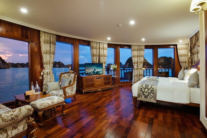 Emperor Cruises Experience 2 Days 1 Night in Halong Bay. - The cabin: balcony views and a bathtub