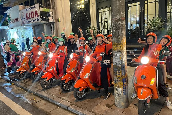 Vespa Female Ao Dai riders Night Street Food + See Train Street - Why Hanoi works so well from the back of a Vespa